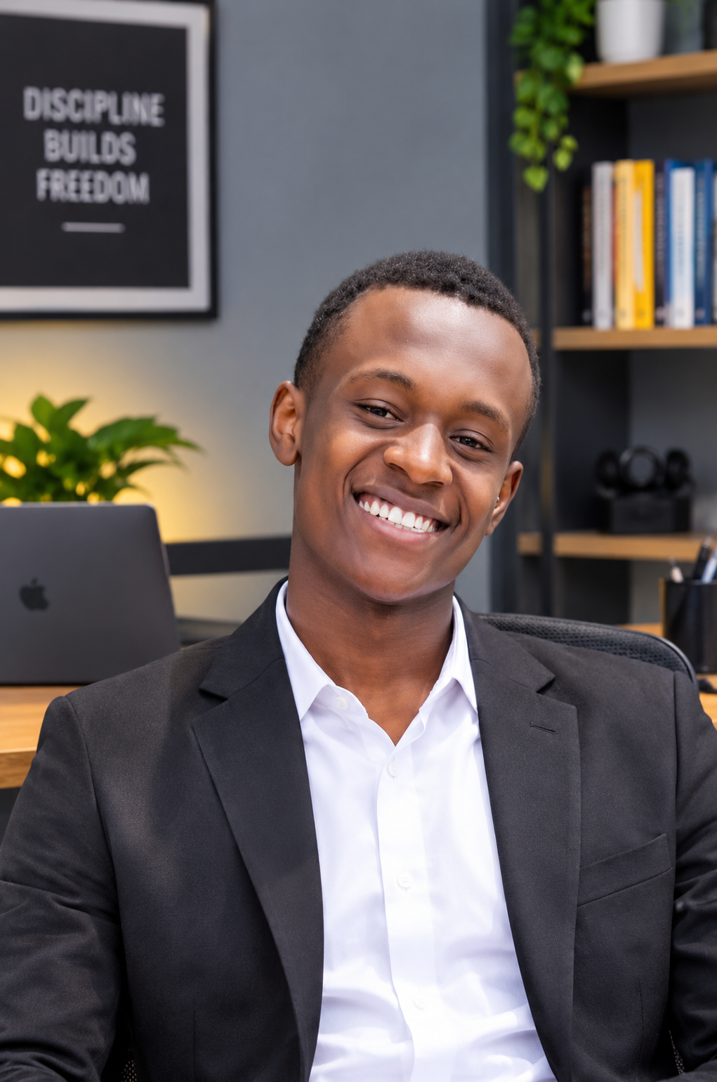 Macledon Ndiribe smiling in his workspace